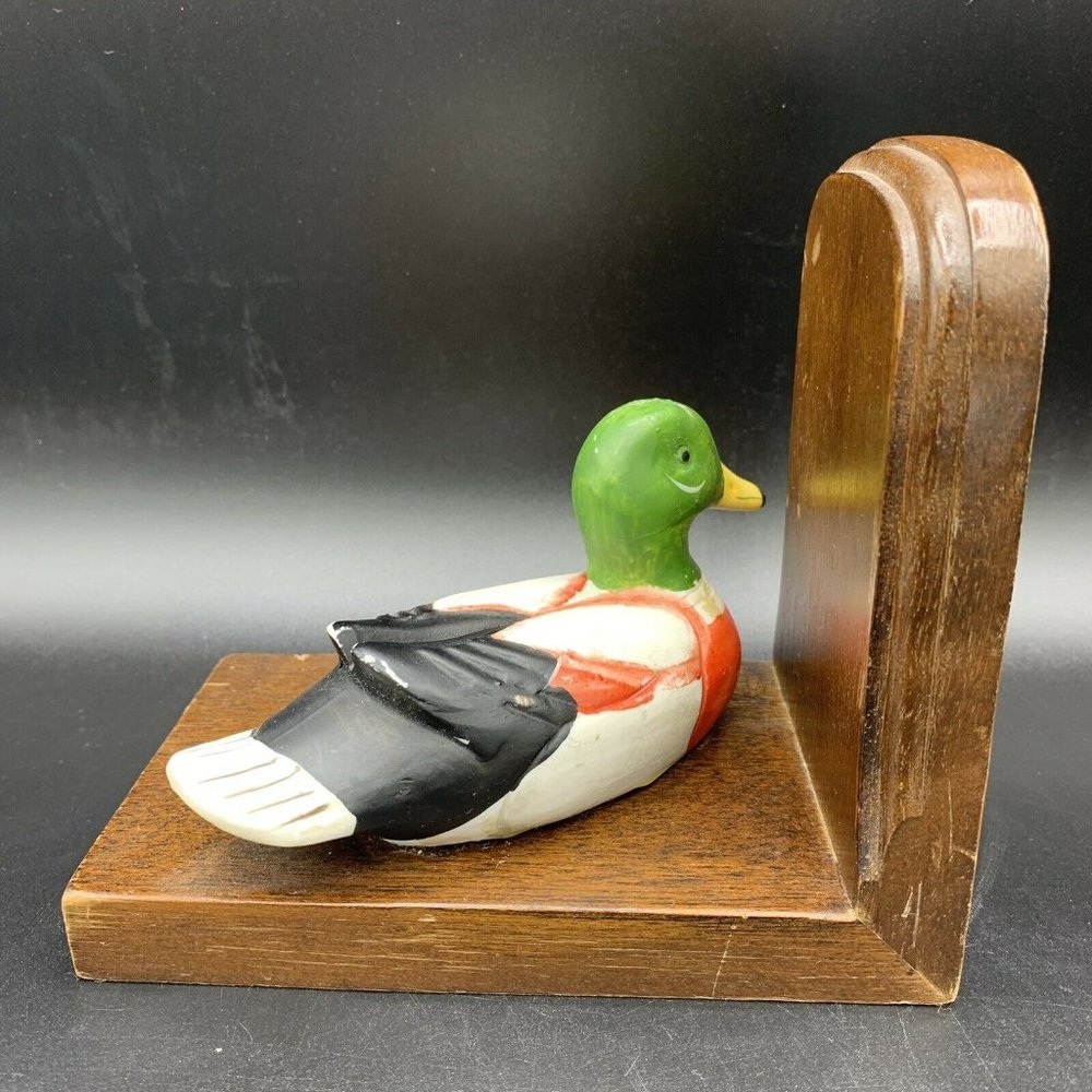 Vintage Duck Book End Ceramic Mallard Duck Wooden Bookend Single Bird Lover - Picture 7 of 9